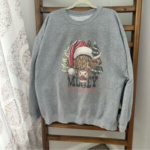 Gray Christmas Sweatshirt with Santa Cow Design